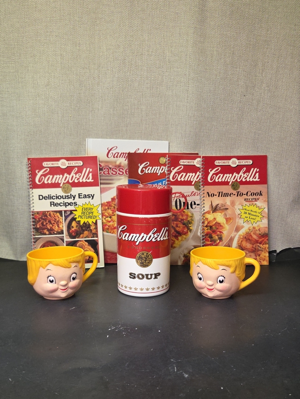 Campbell's Soup Thermos And 2 Dolly Dangle Mugs, 5 Recipe Books